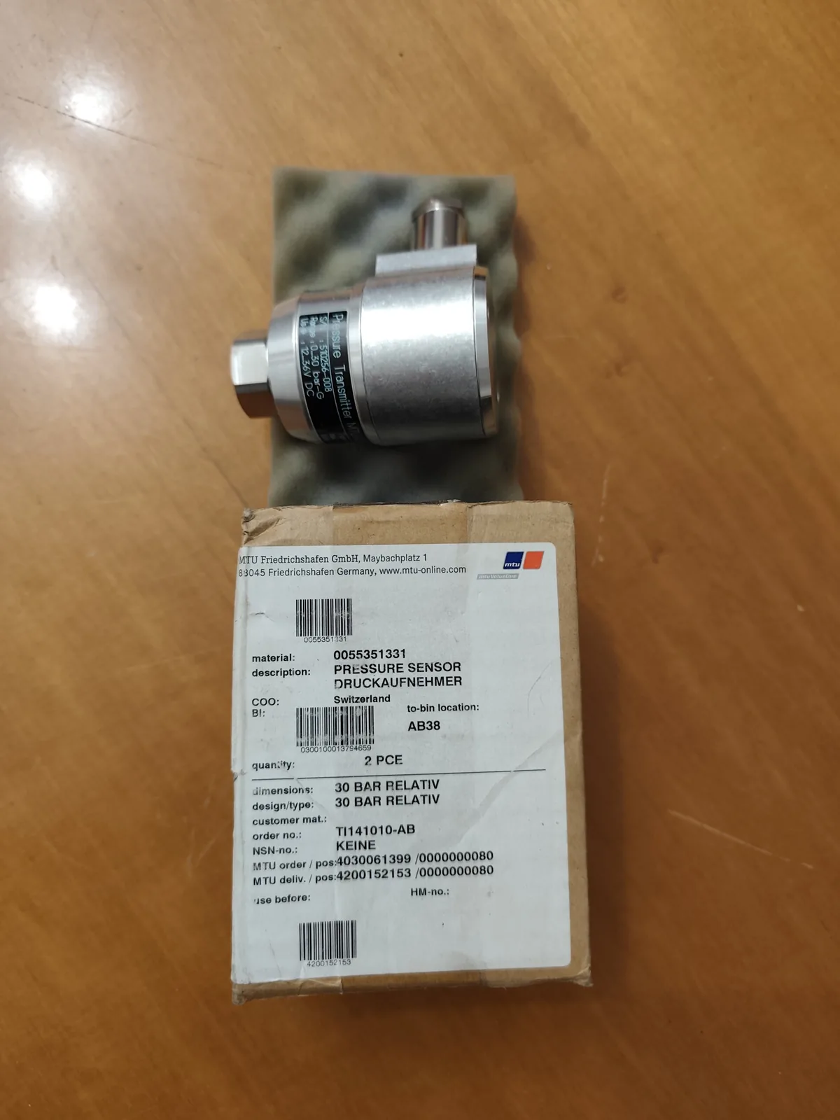 MTU 005 535 13 31 Pressure Sensor (Type 8212.29.2210, 0–30 bar, 4–20 mA)