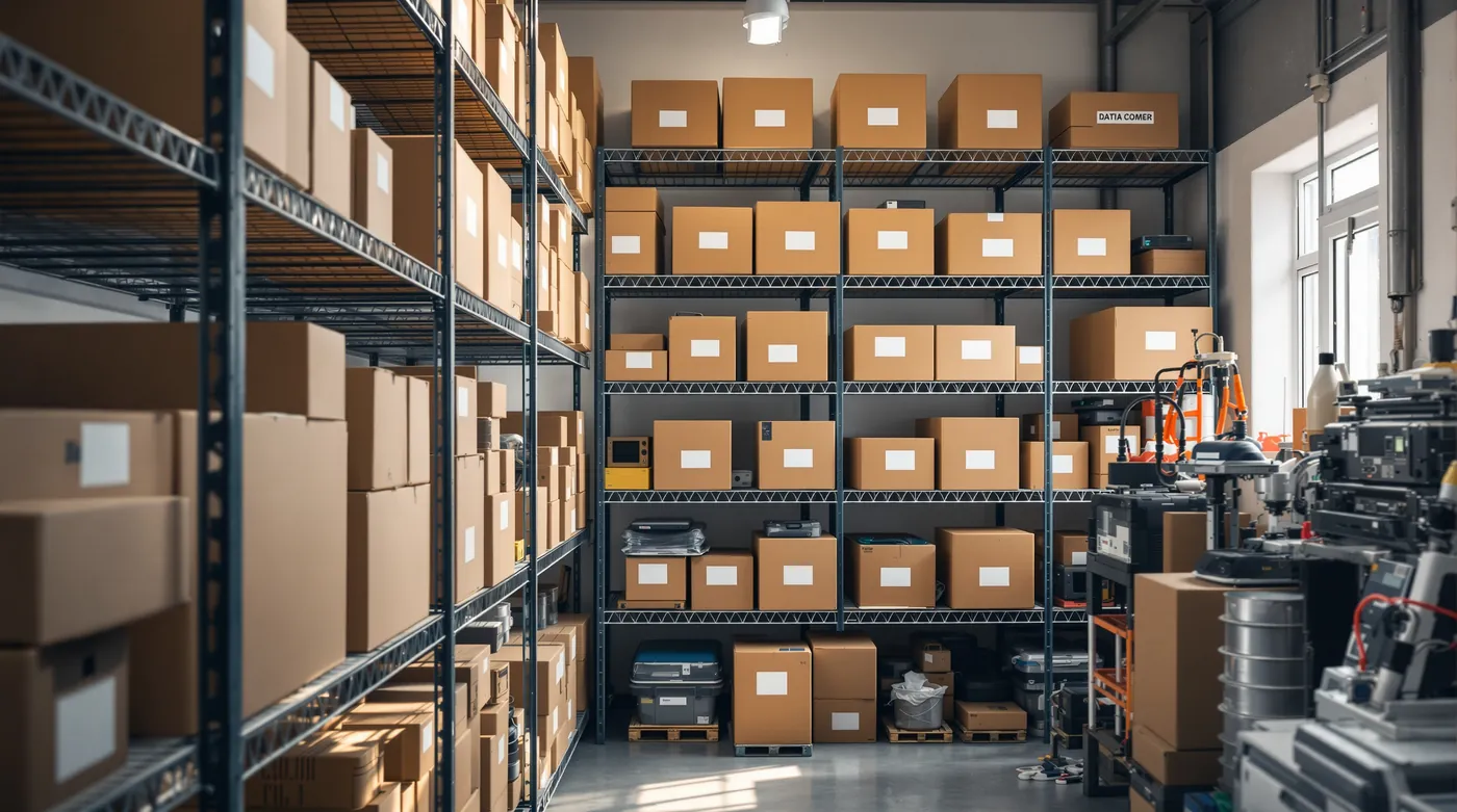 Shelves of boxed marine spare parts in our storeroom