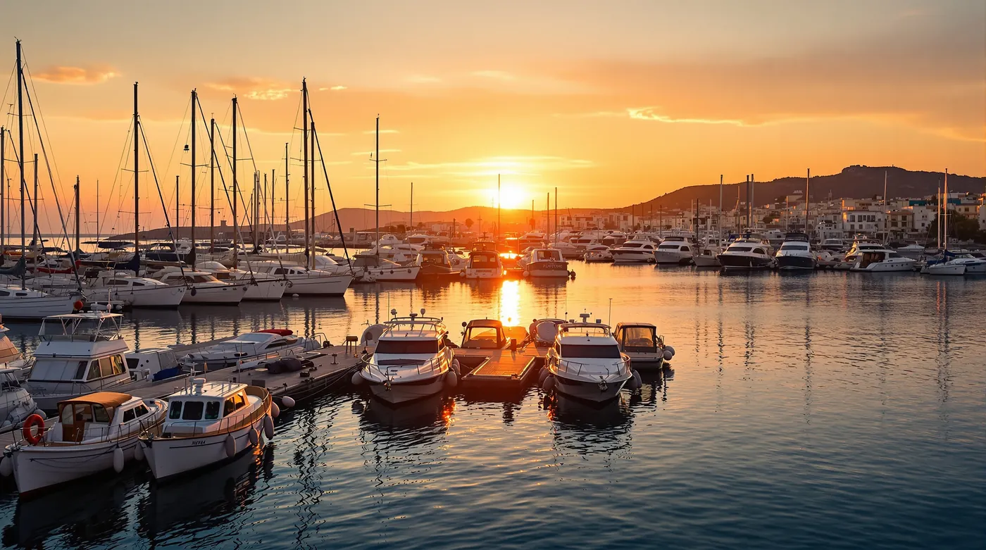 Boats moored in Piraeus at sunset